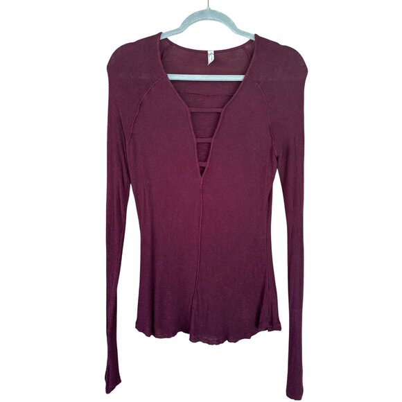 Intimately Free People Burgundy  Blouse Deep V-Neck & Ladder Detail Lightweight - Picture 2 of 9